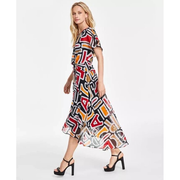 KARL LAGERFELD PARIS Women's Printed High-Low Flutter-Sleeve Dress Blck Multi 10 - Picture 3 of 12